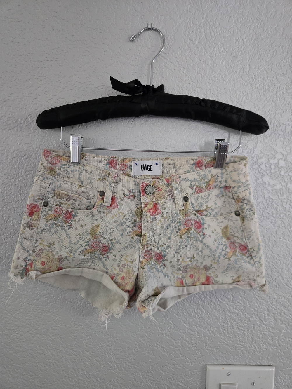 PAIGE Cream Floral Denim Cutoff Shorts with Pink Roses